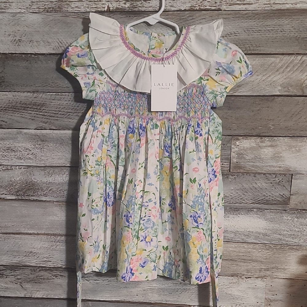 Lallie London Girls' White Floral Smocked Dress with Ruffle Collar